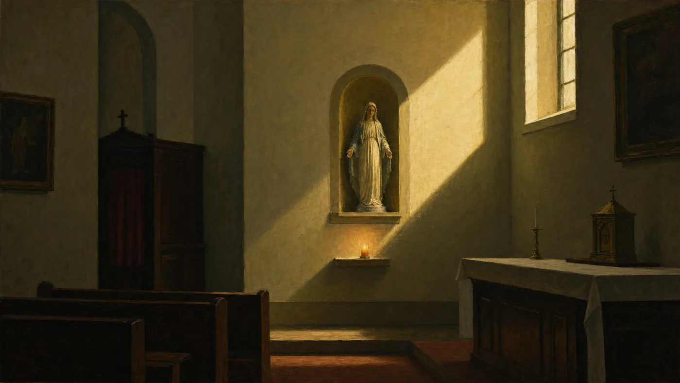 Painting in the manner of Edward Hopper: A shaft of late-afternoon sunlight falling on a statue of the Virgin Mary in a small chapel.