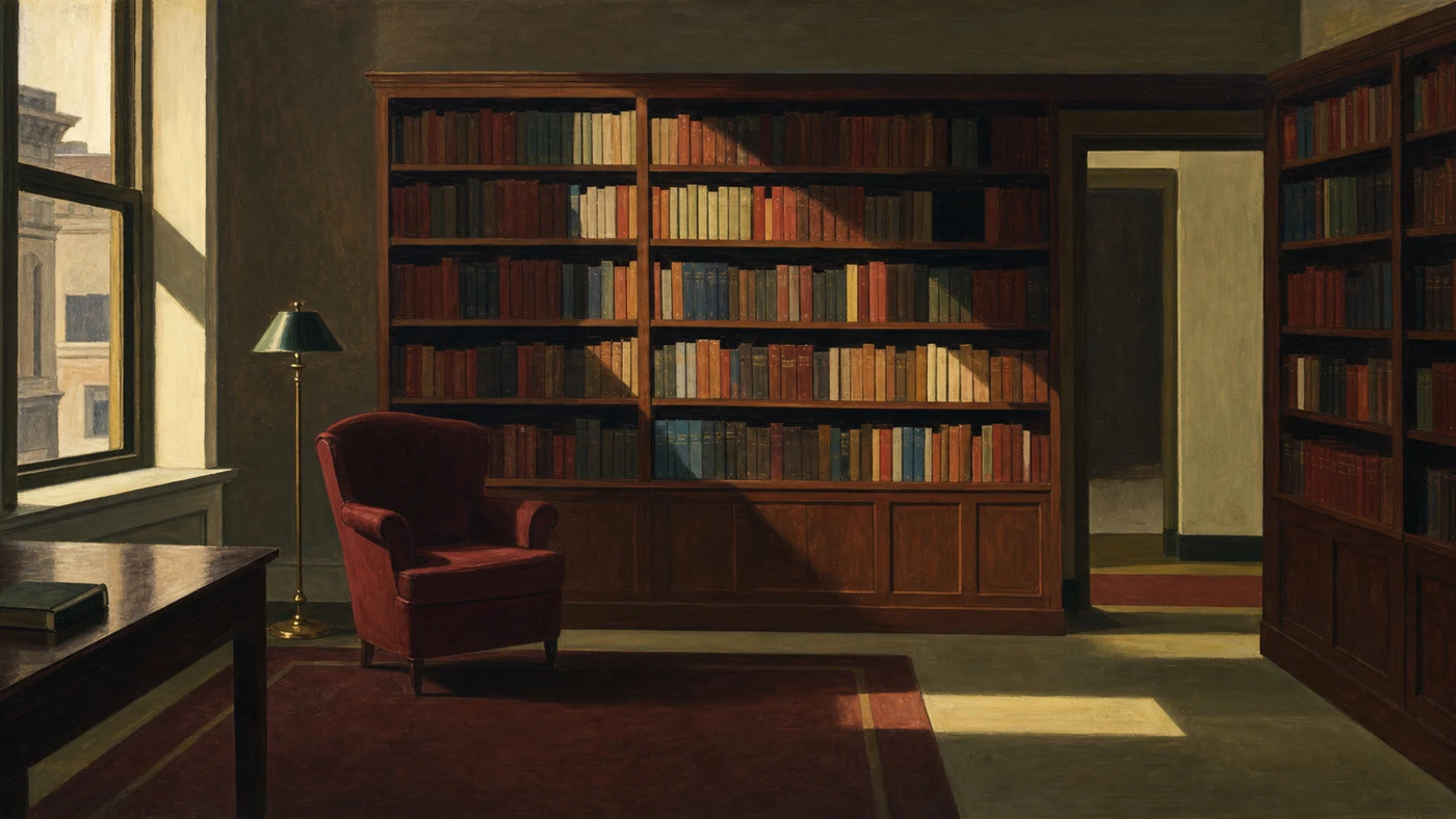 Painting in the style of Edward Hopper of a quiet reading room lined with wooden bookshelves in warm afternoon light