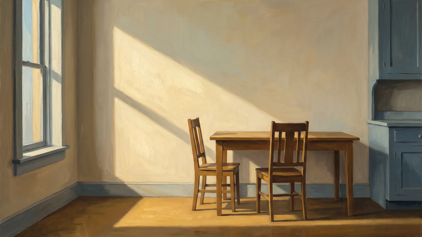 Painting in the manner of Edward Hopper: An empty kitchen with a strong diagonal slant of afternoon light falling through a window across the floor and wall.